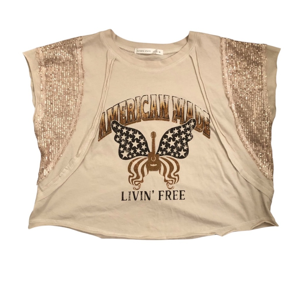 Cowgirl Ecru Tee Shirt with Americana Graphic Print & Sequin Sleeves Size M